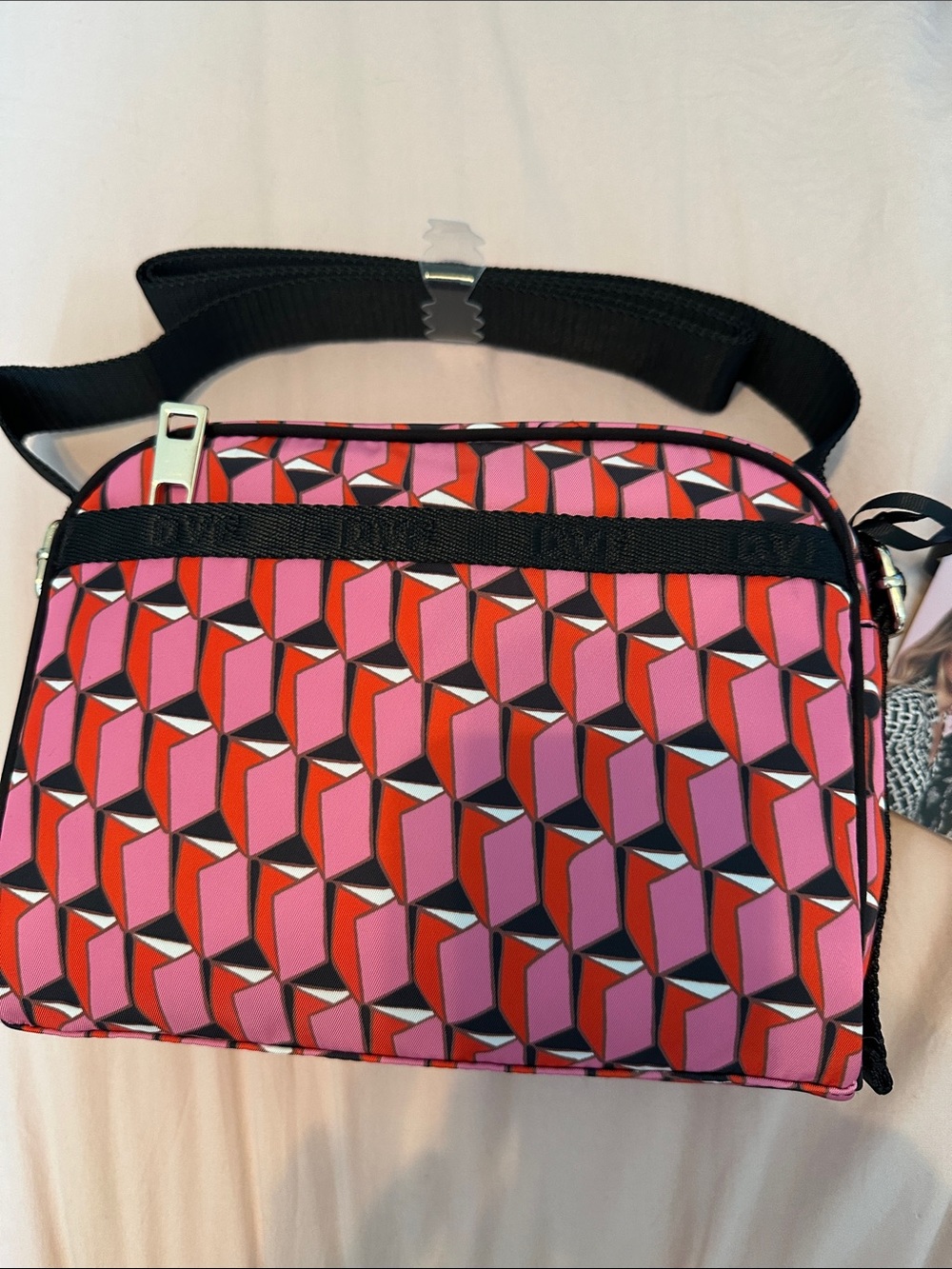 Diane Von Furstenberg Pink and Red Geometric Crossbody Bag with Black Strap